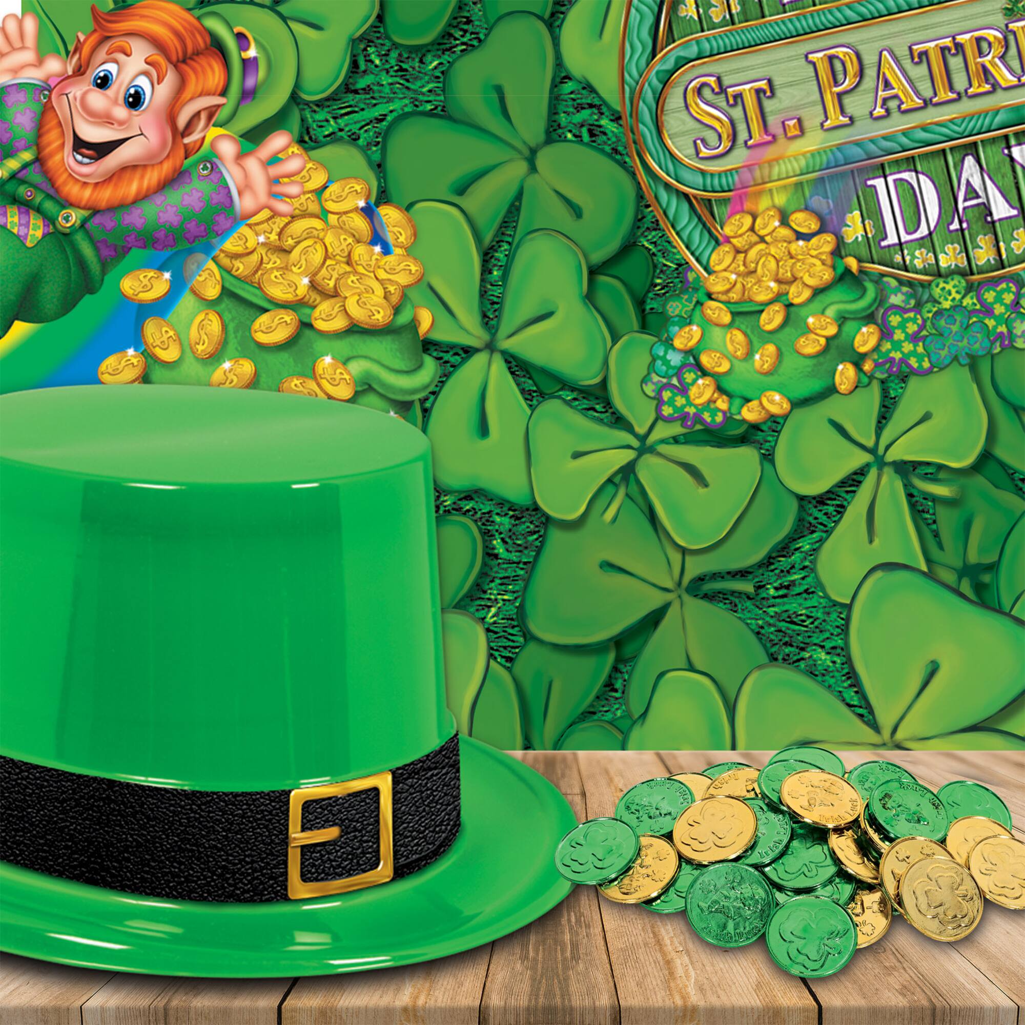Besitle 1.5" Green & Gold Plastic Lucky Leprechaun & Shamrock Coins, 40ct.